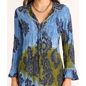Vintage‎ Y2k Bohemian Print Crinkle Blouse Beaded Ruffle Whimsygoth Large Boho